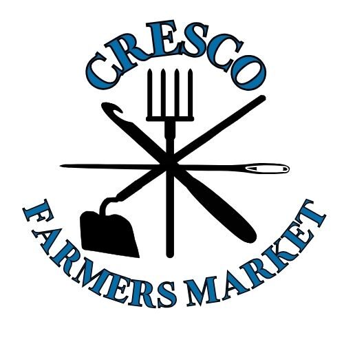 Cresco Farmers Market logo with gardening tools in the center