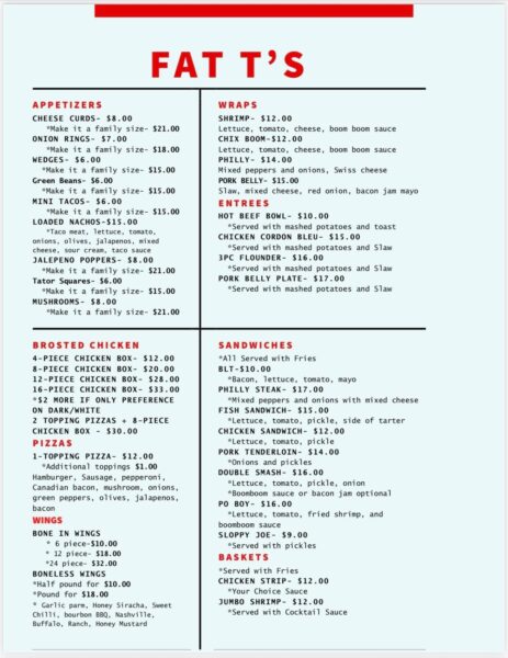 Fat T's spring and summer menu