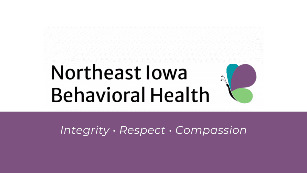 Northeast Iowa Behavioral Health with butterfly logo and purple banner below with words integrity, respect and compassion