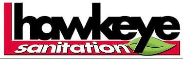 Hawkeye Sanitation logo ; black word hawkeye and white word sanitation on red background