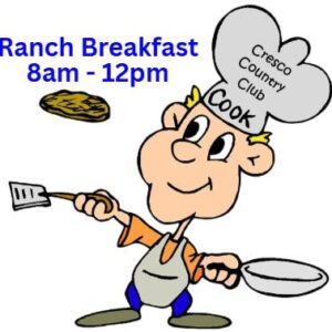 A chef flipping pancakes advertising Cresco Country Club Ranch Breakfast