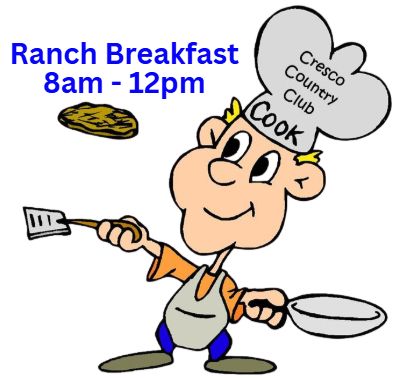 A chef flipping pancakes advertising Cresco Country Club Ranch Breakfast