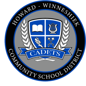 Howard-Winneshiek Community School District logo with cadet shield in center of circle