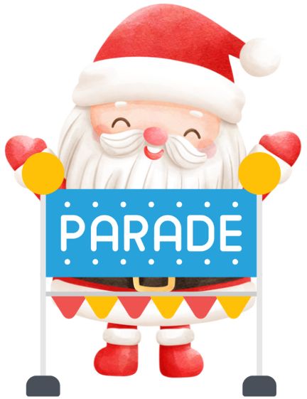 Santa standing behind a sign saying PARADE