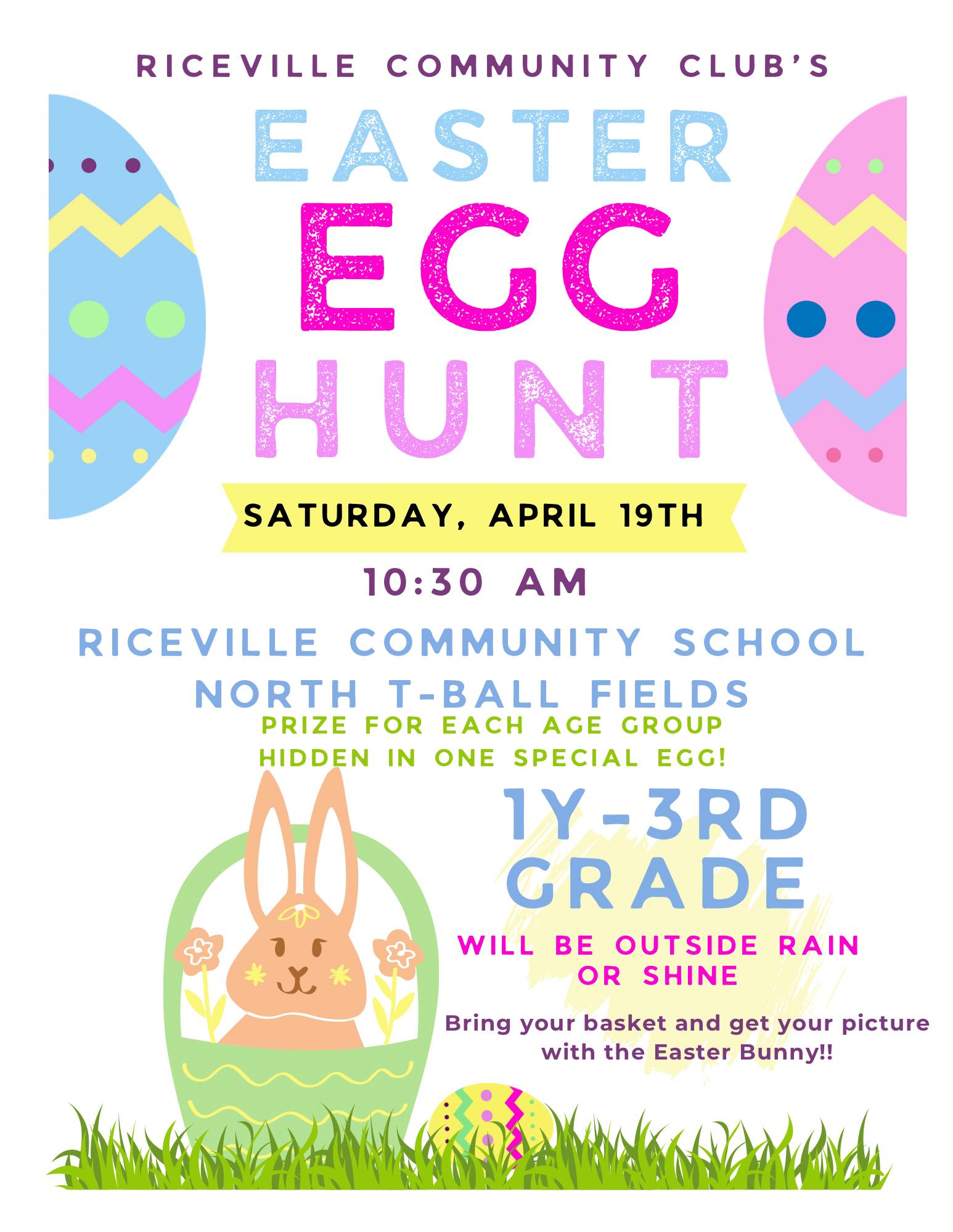 Pastel colored poster with Easter eggs and bunny in a basket to advertise the upcoming Easter Egg Hunt in Riceville