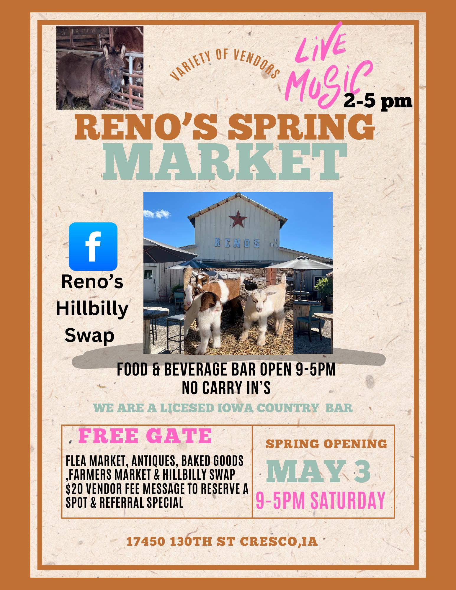 poster with picture of a calf upper left corner, picture of Reno's in center advertising their spring market