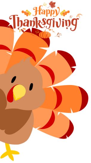 cartoon turkey peeking out with Happy Thanksgiving above him