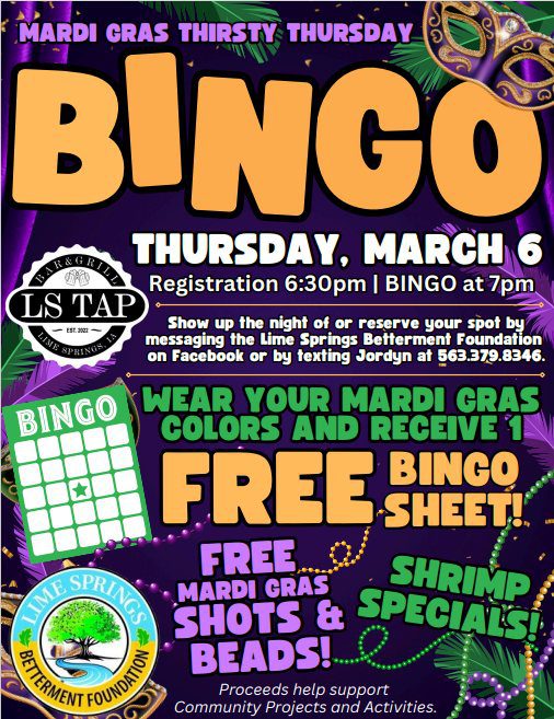 poster advertising BINGO in Lime Springs on March 6, 2025
