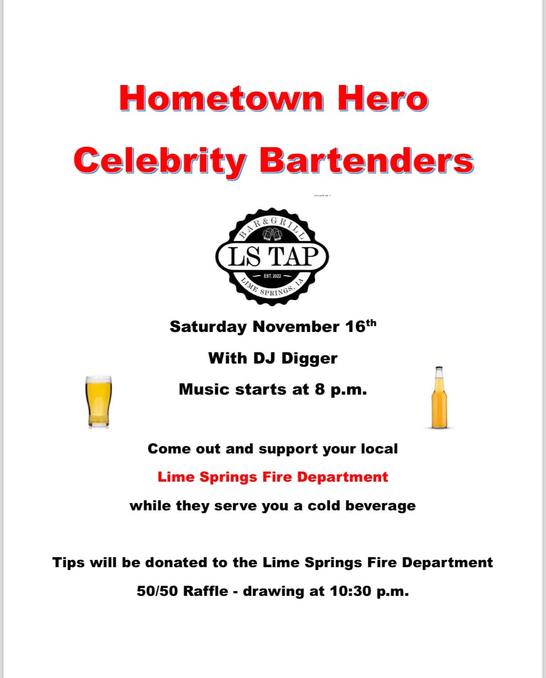 poster with information about the Celebrity Bartenders from the Lime Springs Fire Department serving cold beverages