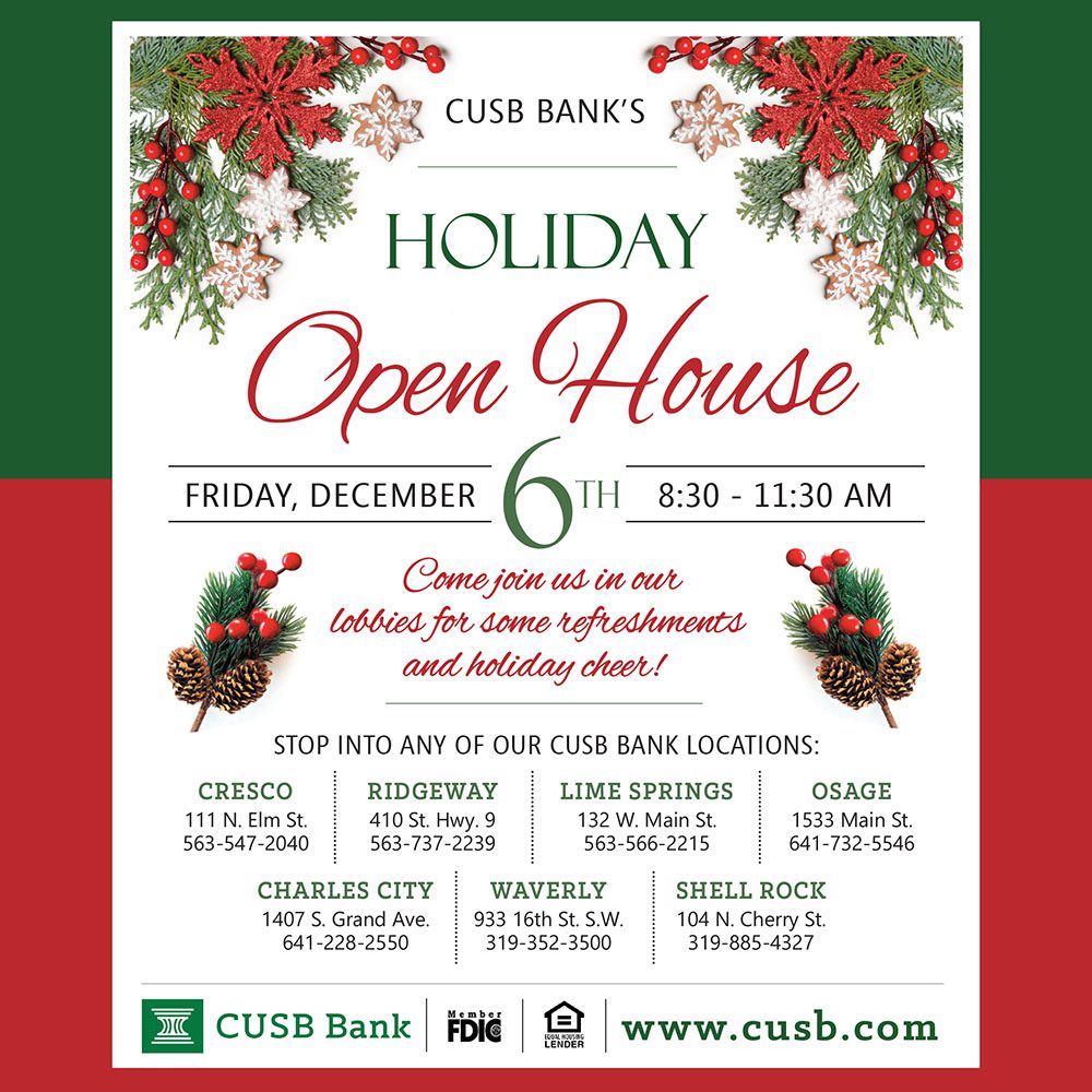 poster advertising CUSB Bank's Christmas Open House December 6th. Green, red, and white colors