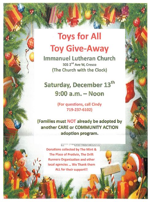 poster describing the Toys for All Toy Give-Awa y at Immanuel Lutheran in Cresco