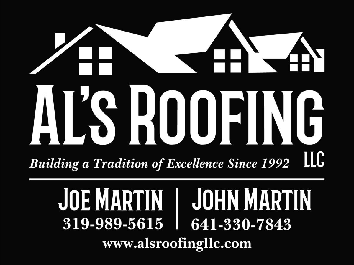Al's Roofing logo with owners Joe and John Martin and their phone numbers