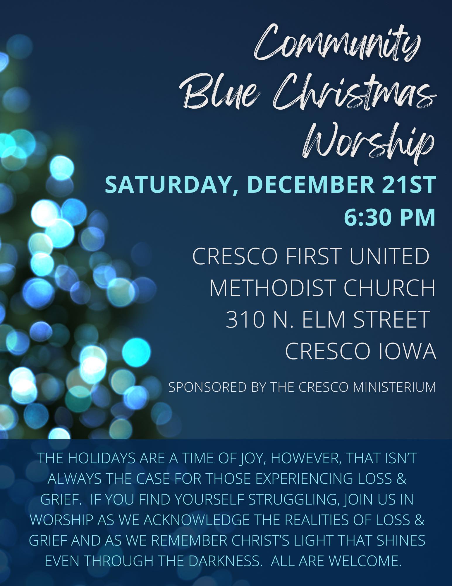 dark blue poster advertising a Blue Christmas Worship Service to acknowledge the grief some people are going through during the holidays