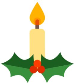 yellow candle with gold flame sitting on green holly with red berries