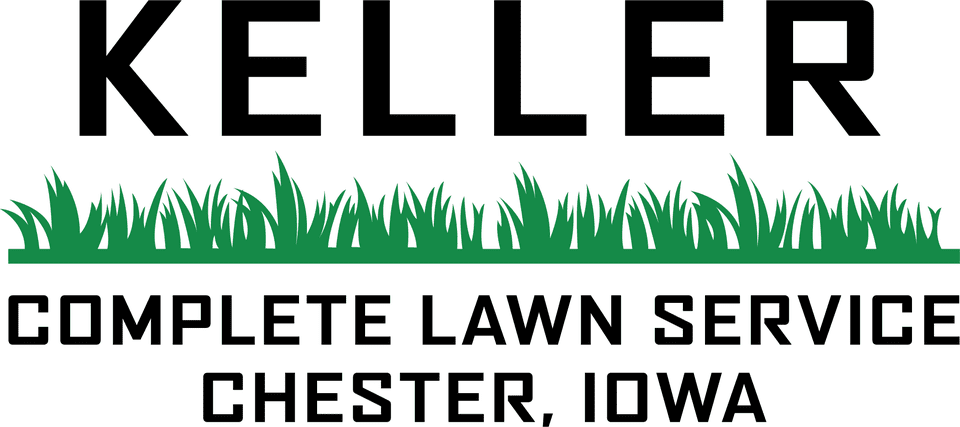 KELLER in all caps with green grass below the word and complete lawn service, Chester, Iowa below the green grass