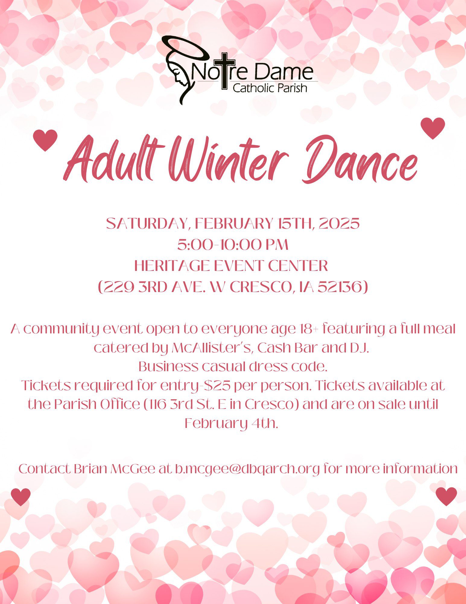 flyer for Notre Dame's Adult Winter Dance on Feb 15, 2025
