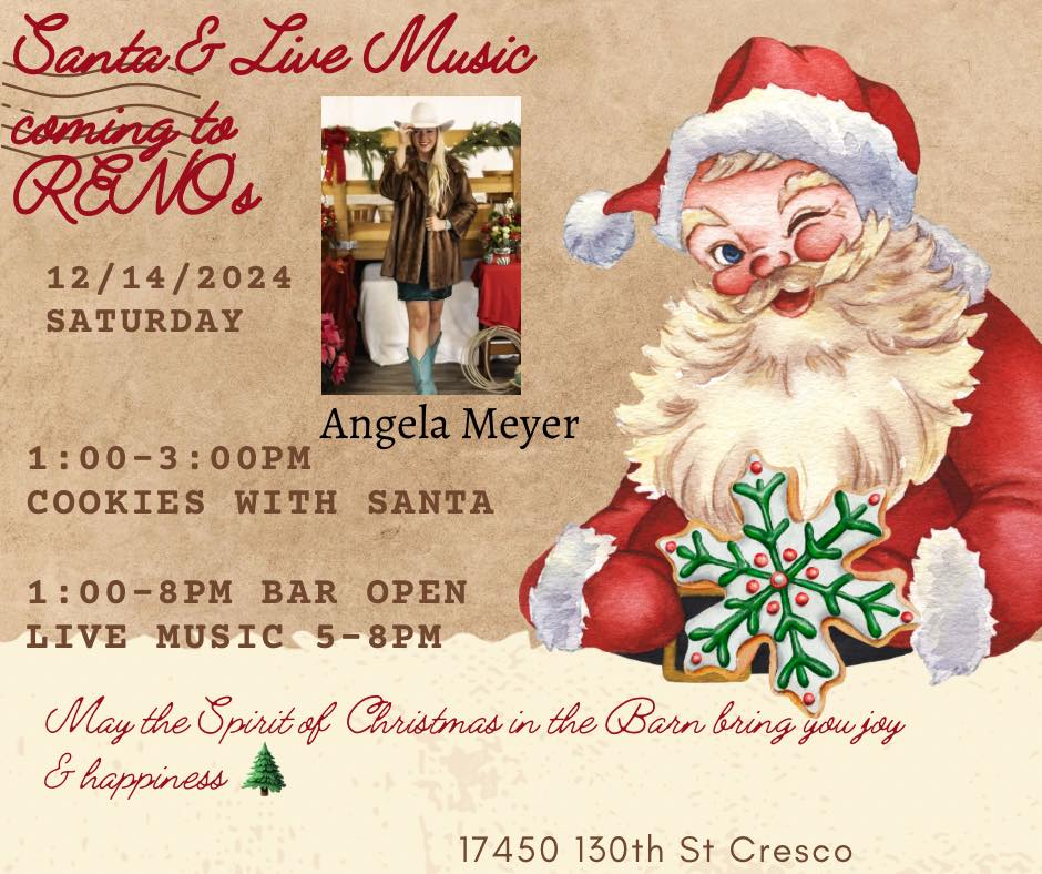 Poster with Santa and picture of signer Angela Meyer performing at Reno's in Schley Country