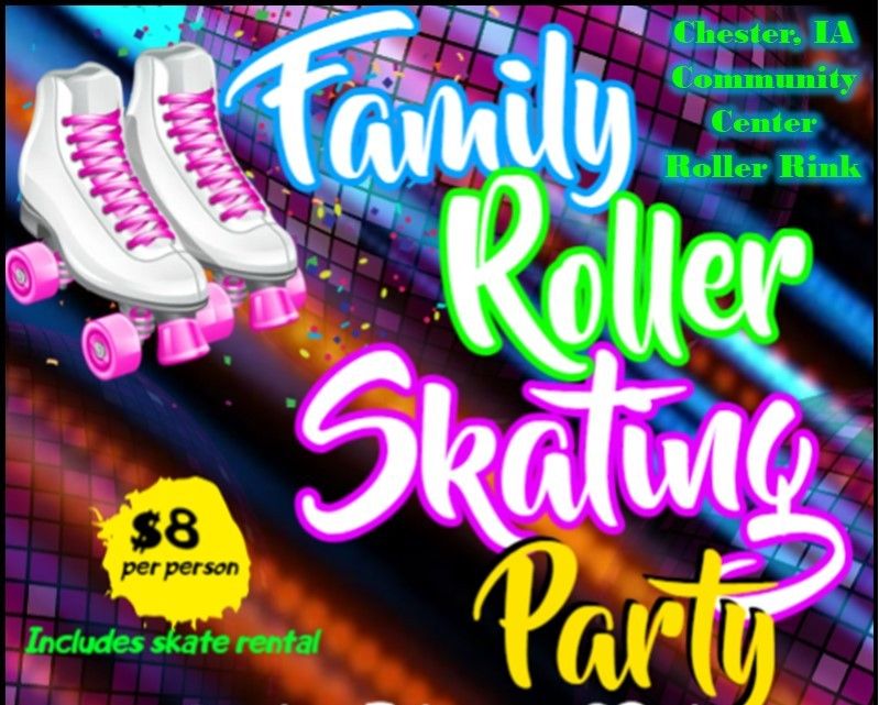 neon colored poster with white and pink roller skates advertising their family roller skating party