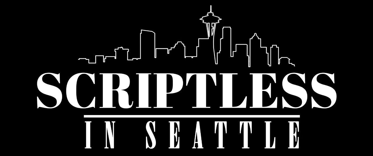 Black background, with letters spelling out Scriptless in Seattle