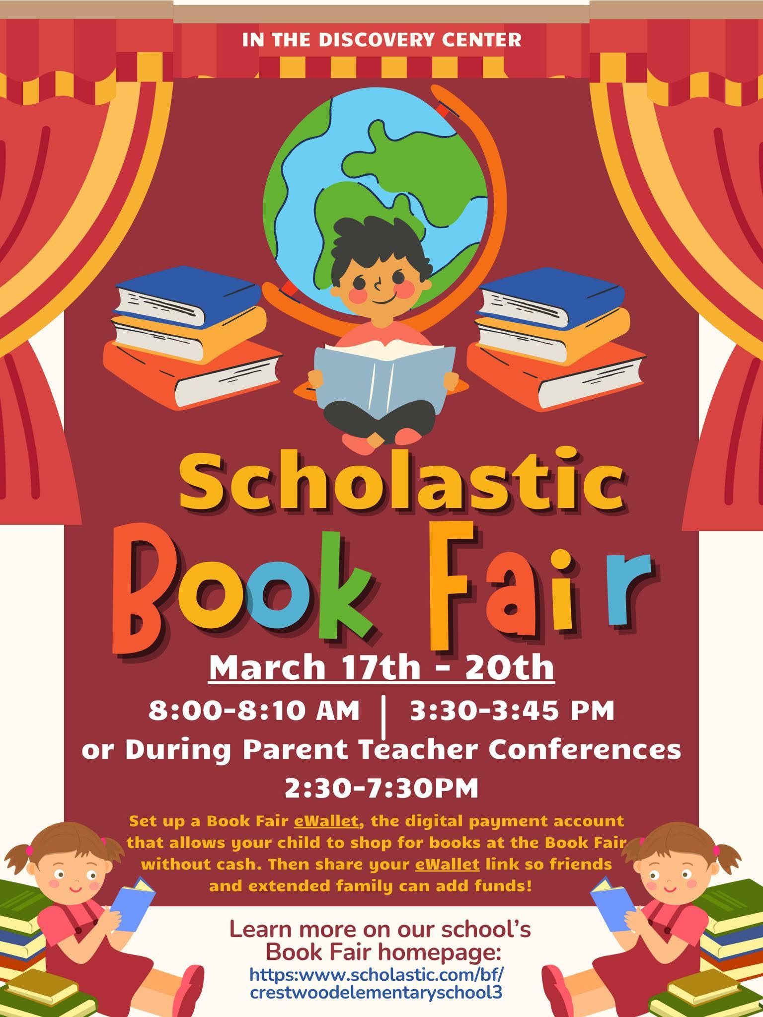 Crestwood Book Fair poster with curtains, child and books featured