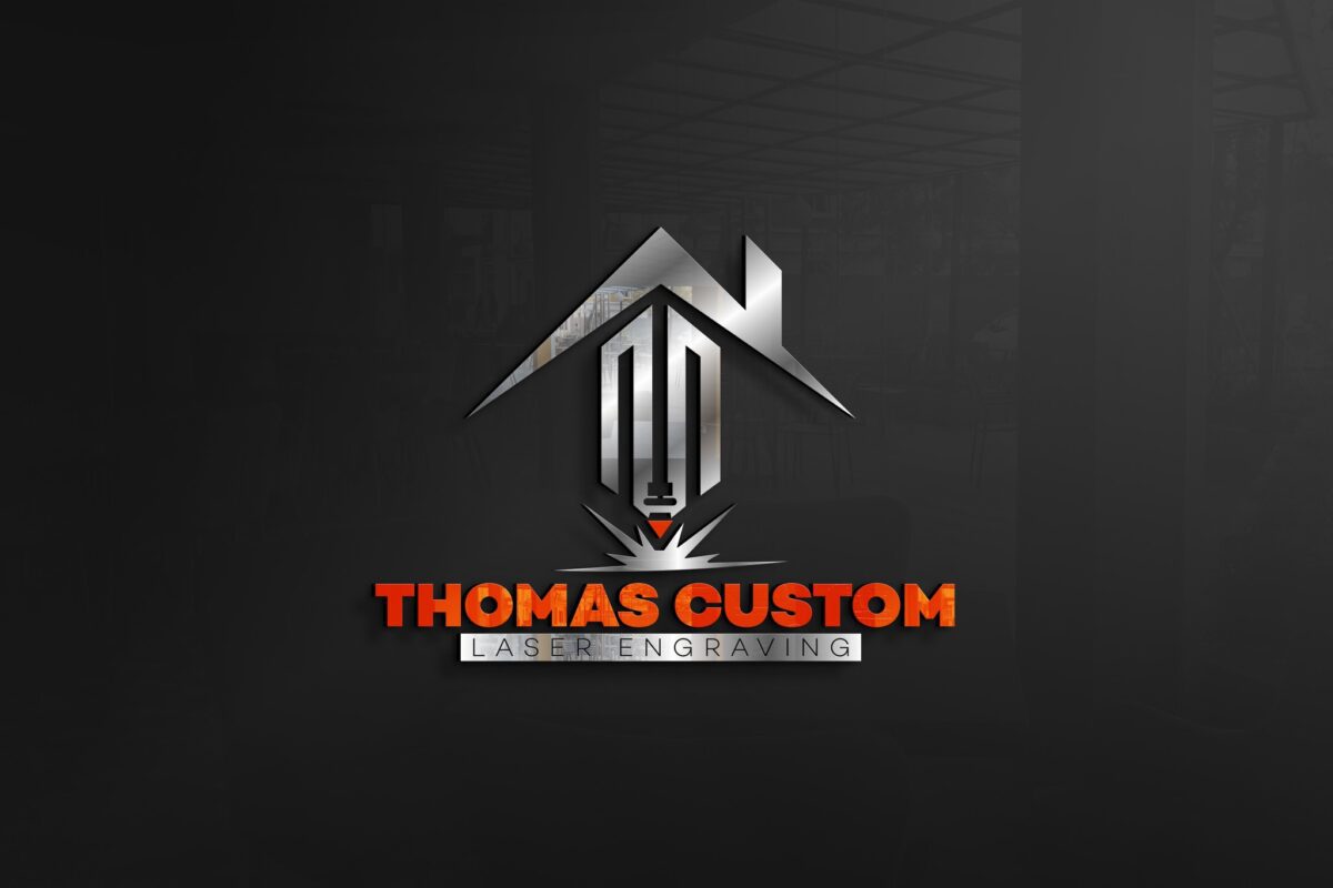 Black background with red words: Thomas Custom and steel/silver metal artwork