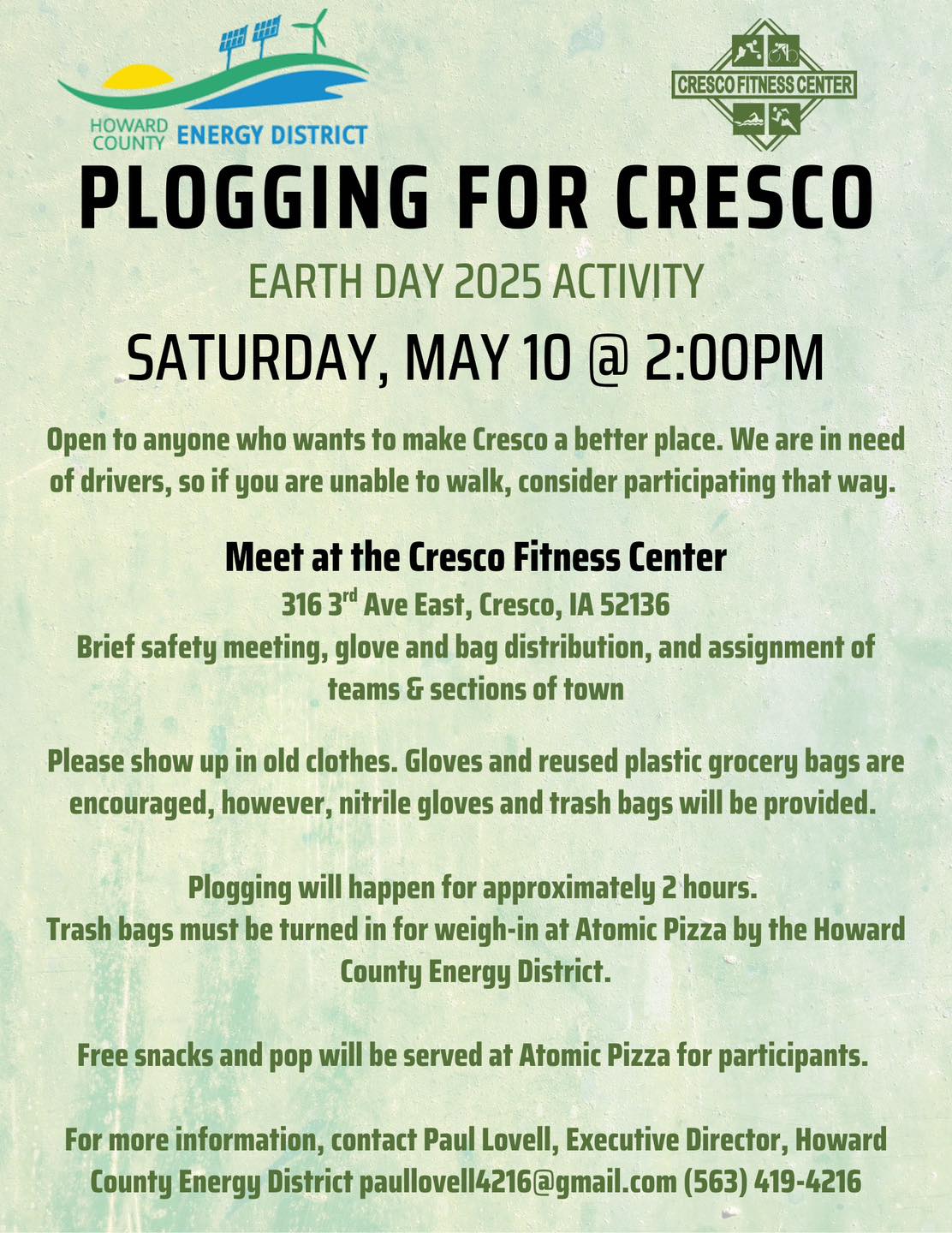 Green poster with Howard County Energy District and Cresco Fitness Center logos on top advertising Plogging for Earth Day. Plogging is picking up litter while jogging