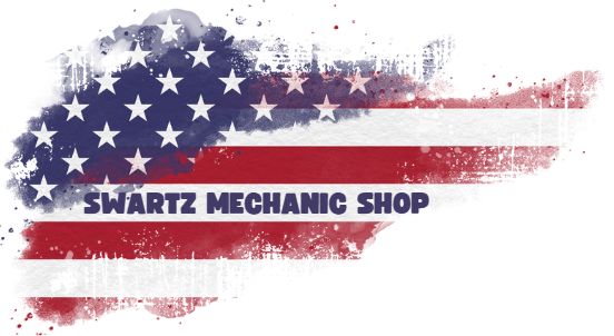 American flag upper left corner distressed and faded with Swartz Mechanic Shop on white stripe