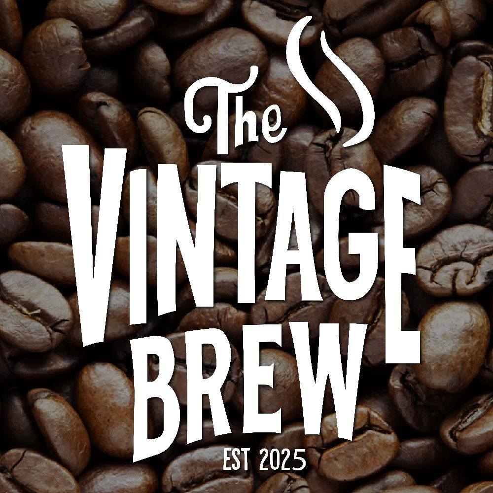 Coffee beans as background with The Vintage Brew established 2025 written in white