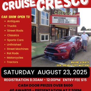 Cruise to Cresco poster with 2014 Shelby Ford Mustang in front of historic Cresco Theatre & Opera House