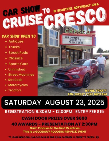 Cruise to Cresco poster with 2014 Shelby Ford Mustang in front of historic Cresco Theatre & Opera House