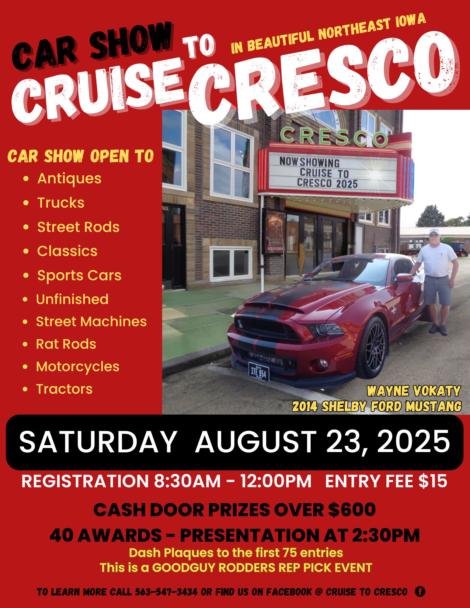 Cruise to Cresco poster with 2014 Shelby Ford Mustang in front of historic Cresco Theatre & Opera House