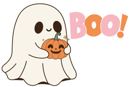 Ghost holding pumpkin saying Boo!
