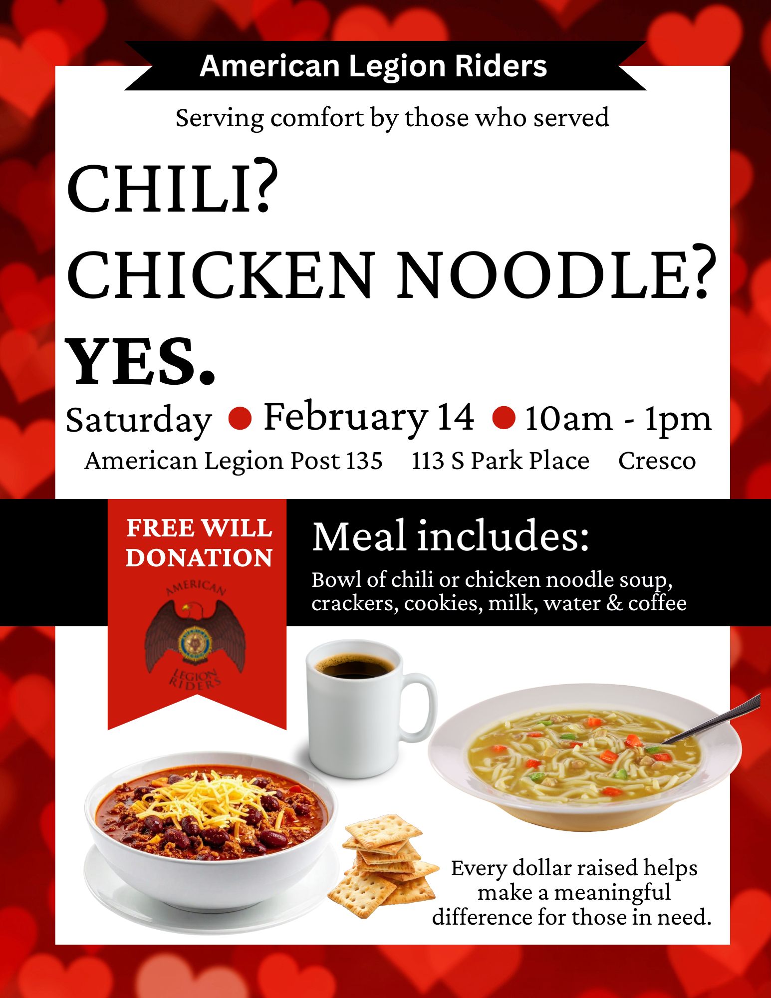 Flyer for the Chili & Chicken Noodle Soup fundraiser in Cresco