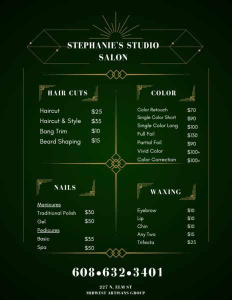 List of services at salon