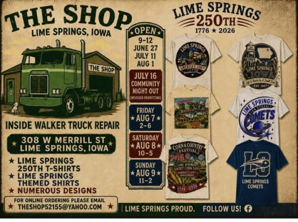 flyer for The Shop in Lime Springs